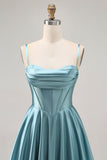 Grey Green A Line Satin Ruched A Line Short Corset Prom Dress