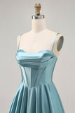 Grey Green A Line Satin Ruched A Line Short Corset Prom Dress