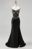 Sparkly Corset Black Mermaid Beaded Long Prom Dress with Slit