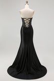 Sparkly Corset Black Mermaid Beaded Long Prom Dress with Slit