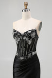 Sparkly Corset Black Mermaid Beaded Long Prom Dress with Slit