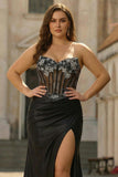 Sparkly Corset Black Mermaid Beaded Long Prom Dress with Slit