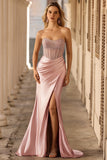 Sparkly Blush Mermaid Strapless Ruched Long Corset Prom Dress with Slit