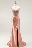 Sparkly Blush Mermaid Strapless Ruched Long Corset Prom Dress with Slit