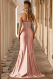 Sparkly Blush Mermaid Strapless Ruched Long Corset Prom Dress with Slit