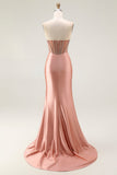 Sparkly Blush Mermaid Strapless Ruched Long Corset Prom Dress with Slit