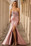 Sparkly Blush Mermaid Strapless Ruched Long Corset Prom Dress with Slit