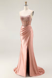 Sparkly Blush Strapless Mermaid Ruched Long Prom Dress with Slit