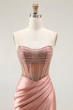 Sparkly Blush Strapless Mermaid Ruched Long Prom Dress with Slit