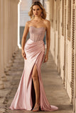 Sparkly Blush Mermaid Strapless Ruched Long Corset Prom Dress with Slit