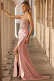 Sparkly Blush Mermaid Strapless Ruched Long Corset Prom Dress with Slit