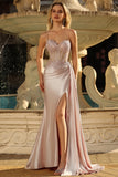 Sparkly Champagne Mermaid Maxi Satin Prom Dress with Beading
