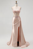 Sparkly Champagne Mermaid Spaghetti Straps Satin Long Prom Dress with Beading