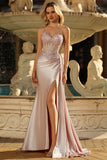 Sparkly Champagne Mermaid Maxi Satin Prom Dress with Beading
