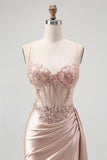 Sparkly Champagne Mermaid Spaghetti Straps Satin Long Prom Dress with Beading