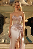 Sparkly Champagne Mermaid Maxi Satin Prom Dress with Beading