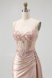 Sparkly Champagne Mermaid Spaghetti Straps Satin Long Prom Dress with Beading