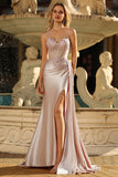 Sparkly Champagne Mermaid Maxi Satin Prom Dress with Beading