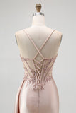 Sparkly Champagne Mermaid Spaghetti Straps Satin Long Prom Dress with Beading