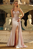 Sparkly Champagne Mermaid Maxi Satin Prom Dress with Beading