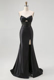 Black Sweetheart Satin Mermaid Long Corset Prom Dress with Beading
