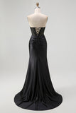Black Sweetheart Satin Mermaid Long Corset Prom Dress with Beading