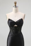 Black Sweetheart Satin Mermaid Long Corset Prom Dress with Beading