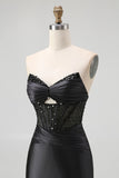 Black Sweetheart Satin Mermaid Long Corset Prom Dress with Beading
