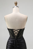 Black Sweetheart Satin Mermaid Long Corset Prom Dress with Beading