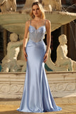 Grey Blue Spaghetti Straps Maxi Mermaid Prom Dress with Beading