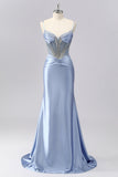 Grey Blue Mermaid Spaghetti Straps Sparkly Maxi Prom Dress with Beading