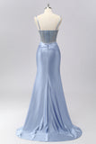 Grey Blue Mermaid Spaghetti Straps Sparkly Maxi Prom Dress with Beading