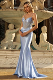 Grey Blue Spaghetti Straps Maxi Mermaid Prom Dress with Beading