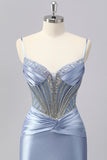 Grey Blue Mermaid Spaghetti Straps Sparkly Maxi Prom Dress with Beading