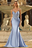 Grey Blue Spaghetti Straps Maxi Mermaid Prom Dress with Beading