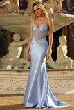 Grey Blue Spaghetti Straps Maxi Mermaid Prom Dress with Beading