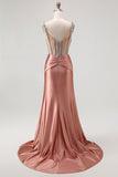 Sparkly Blush Corset Spaghetti Straps Mermaid Satin Maxi Prom Dress