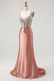 Sparkly Blush Corset Spaghetti Straps Mermaid Satin Maxi Prom Dress