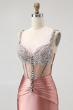 Sparkly Blush Corset Spaghetti Straps Mermaid Satin Maxi Prom Dress