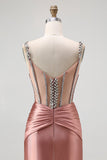 Sparkly Blush Corset Spaghetti Straps Mermaid Satin Maxi Prom Dress