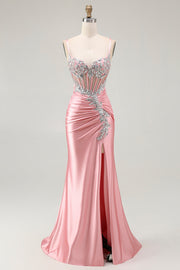 Sparkly Blush Corset Mermaid Sequins Maxi Prom Dress with Slit