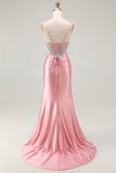 Sparkly Blush Corset Mermaid Sequins Maxi Prom Dress with Slit