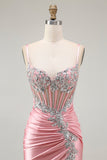 Sparkly Blush Corset Mermaid Sequins Maxi Prom Dress with Slit