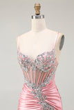 Sparkly Blush Corset Mermaid Sequins Maxi Prom Dress with Slit