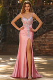 Sparkly Blush Corset Mermaid Sequins Maxi Prom Dress with Slit