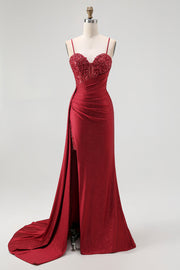 Burgundy Spaghetti Straps Long Mermaid Corset Prom Dress with Beading