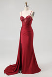 Navy Corset Spaghetti Straps Mermaid Maxi Evening Dress with Beading