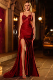 Burgundy Mermaid Spaghetti Straps Long Corset Prom Dress with Side Cape