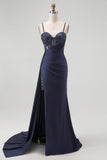 Burgundy Spaghetti Straps Long Mermaid Corset Prom Dress with Beading