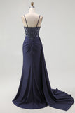 Navy Corset Spaghetti Straps Mermaid Maxi Evening Dress with Beading